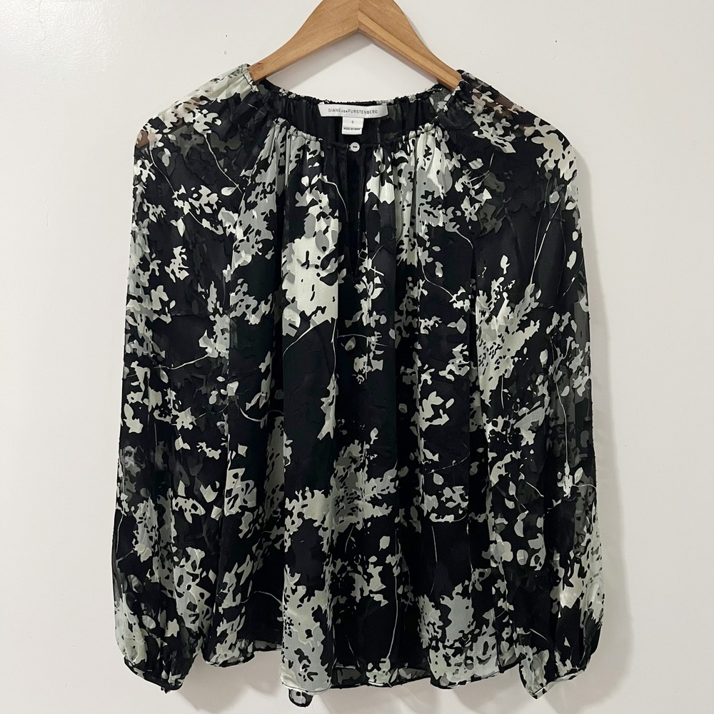 Diane von Furstenberg Marnie Silk Blend Burnout Floral Blouse Black White Small